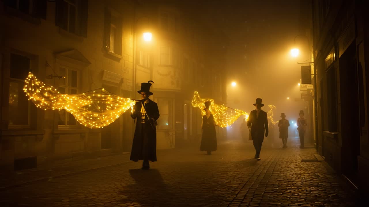 Ghostly Figures Adorned in Top Hats Illuminate a Misty Street with Twinkling Lights, Creating an Enchanting Atmosphere for a Mysterious Nighttime Stroll