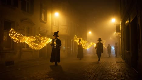 ghostly figures adorned in top hats illuminate a misty street with twinkling lights, creating an enchanting atmosphere for a mysterious nighttime stroll