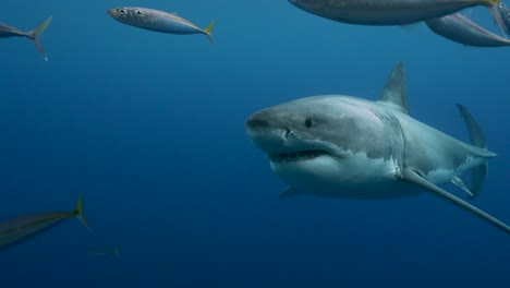 beautiful slow motion shot of a great white shark approaches slowly, gets very close while cage diving at the island of guadalupe, mexico.