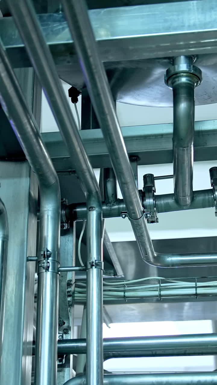Production of yogurt and milk at dairy factory, industrial equipment for fermentation Vertical video