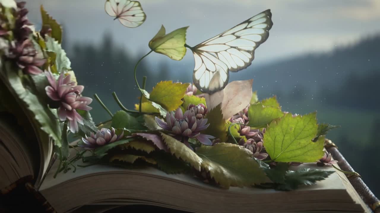 La pagina superiore che si solleva da un libro antico rilegato, rivelando un giardino pop-up su un costone della valle, con farfalle in volo.
