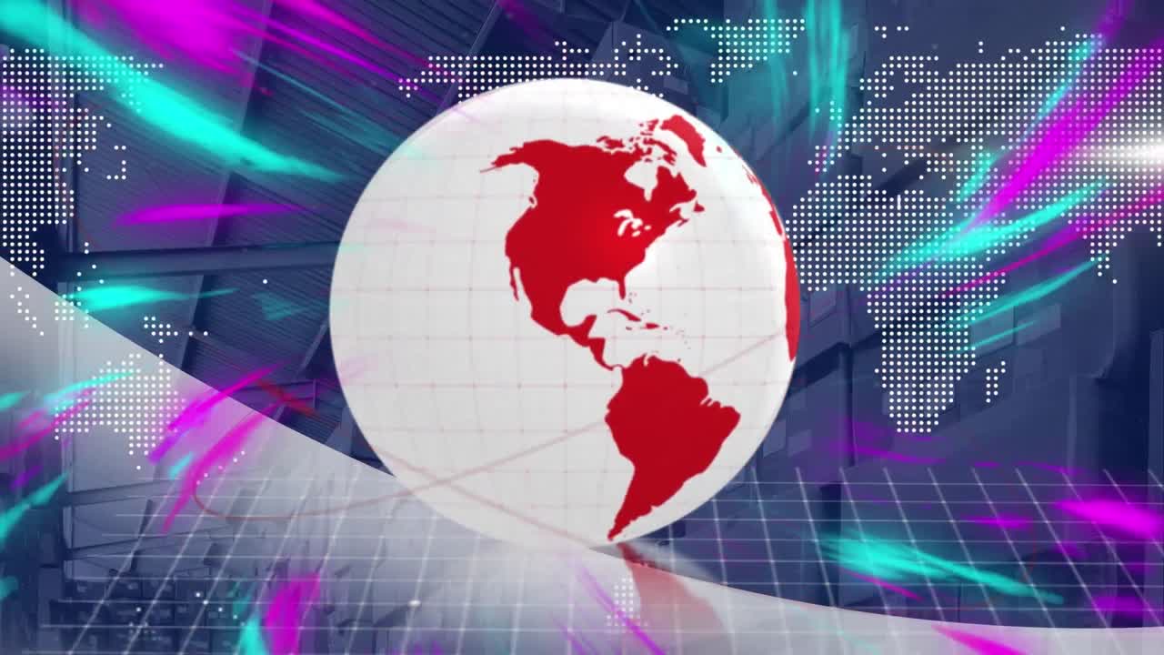 animación del globo y la interfaz digital con luces de colores sobre el almacén