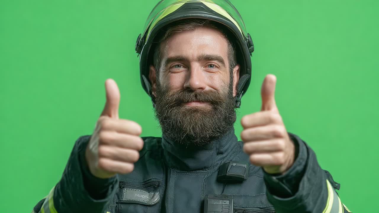 A confident firefighter enthusiastically giving a double thumbs up, showcasing approval and positivity against a vibrant green background