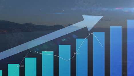 animation of upward arrow and graphs processing data over sky and landscape