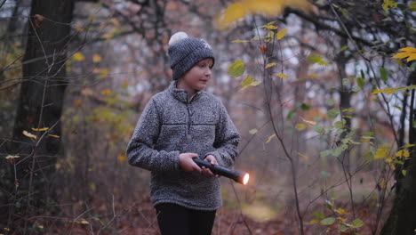 a little girl walks through a dark forest with a flashlight in her hand get lost in the forest conce