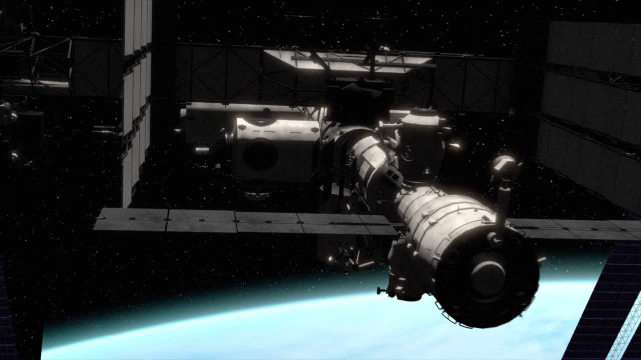 매우 상세한 사진-현실적인 3d vfx 촬영 국제 우주 정거장의 낮은 지구 도, 지구는 멀리 아래로, 카메라가 서서히 iss에서 멀리 뒤로 날아서 시원한 공개