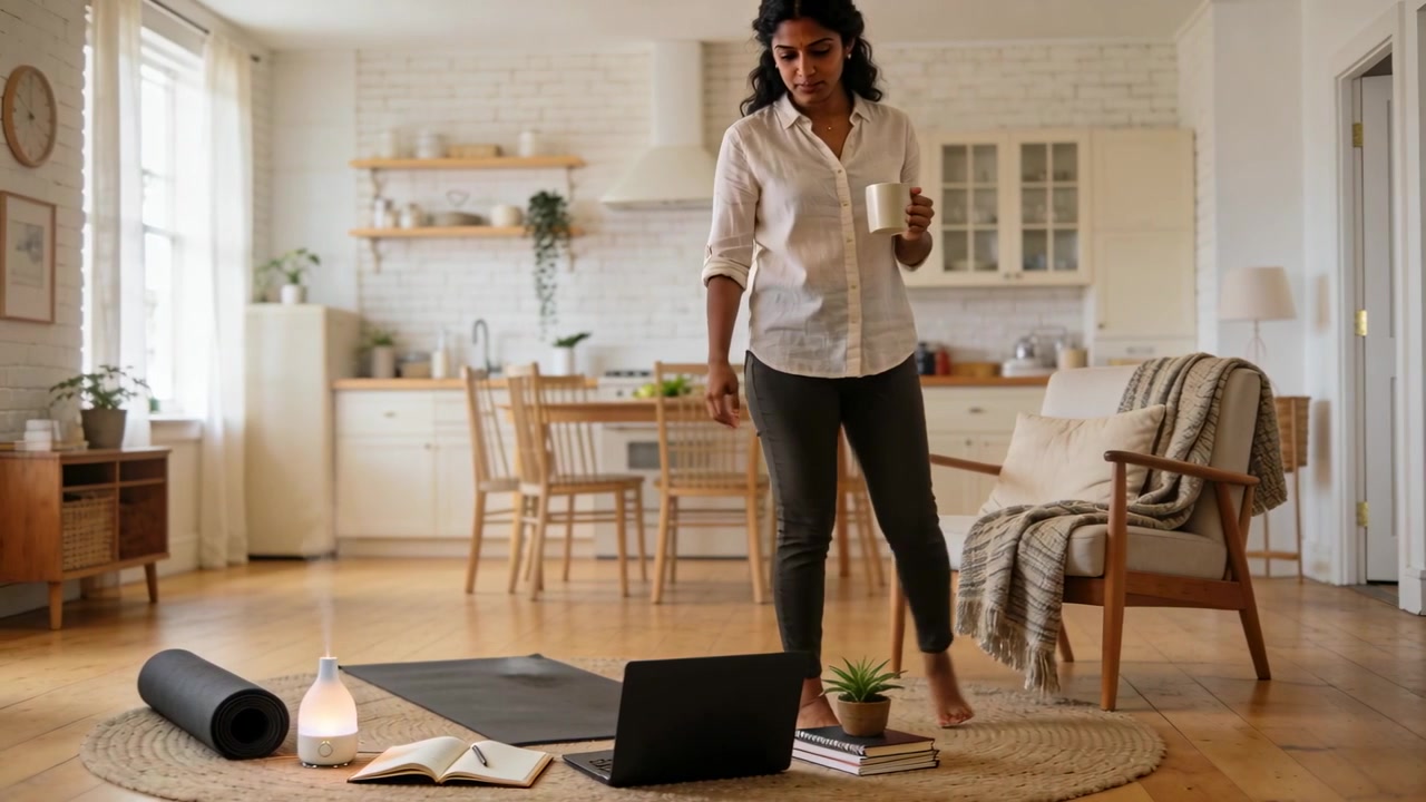 Femme en chemise boutonnée s'avançant sur un tapis de yoga à la maison, alors qu'une séance d'entraînement sur ordinateur portable commence, tenant une tasse.
