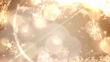 animation of christmas snow falling over glowing lights and brown background