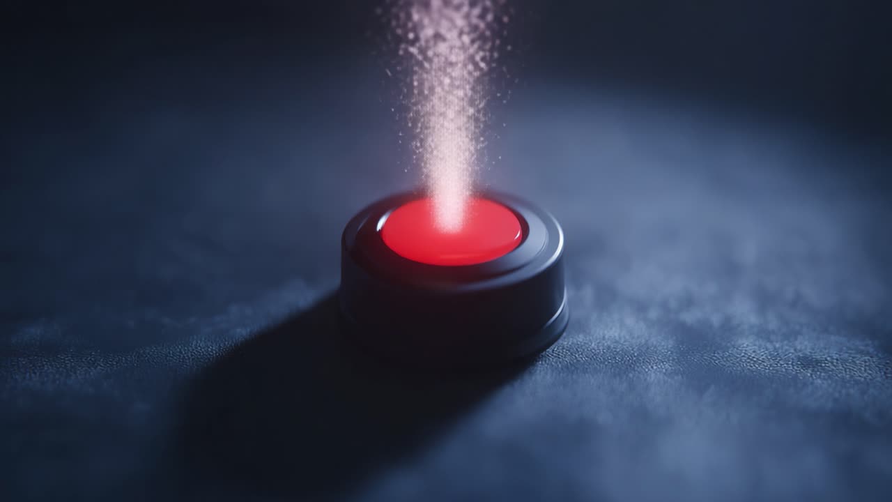 An exploration of a mysterious red button, illuminated in a dark environment, creating an ambiance of anticipation and intrigue in two contrasting visual frames