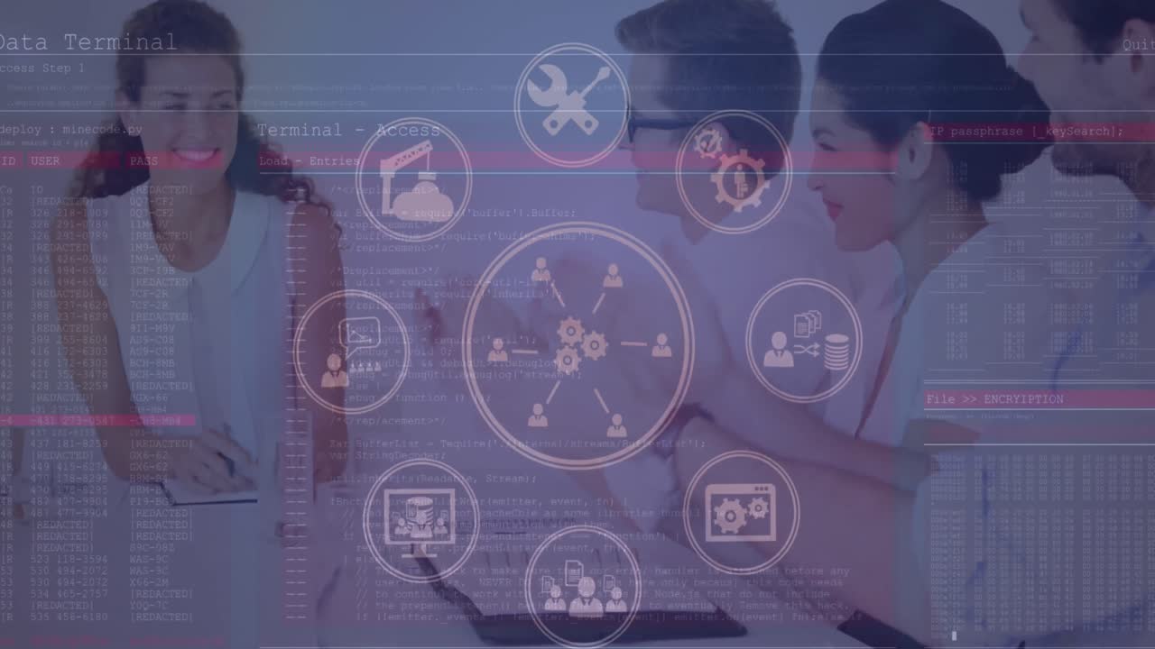 아이콘과 데이터 처리와 비즈니스 사람들에 대한 연결의 애니메이션