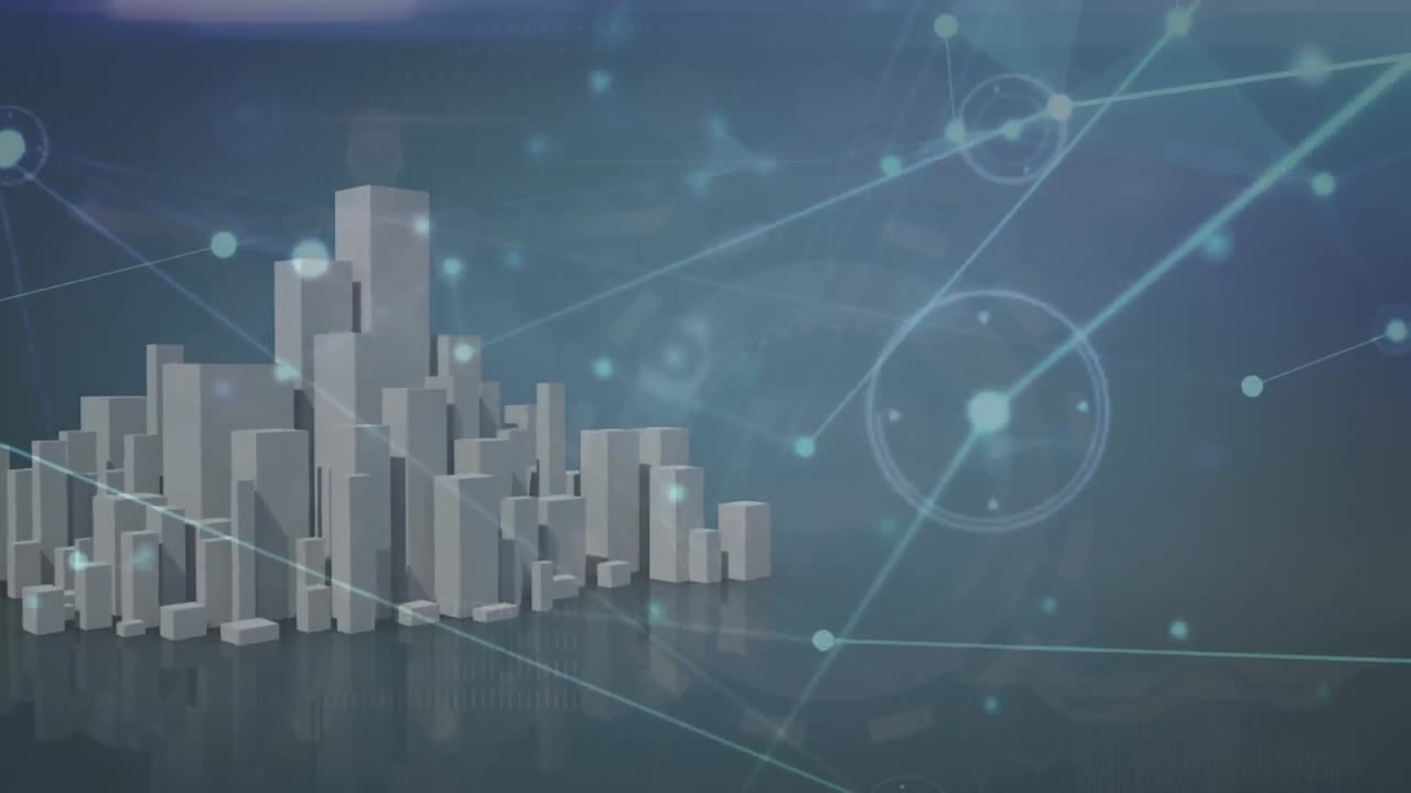 animación de la red de iconos de perfil y senderos de luz contra el modelo de ciudad 3d en fondo gris