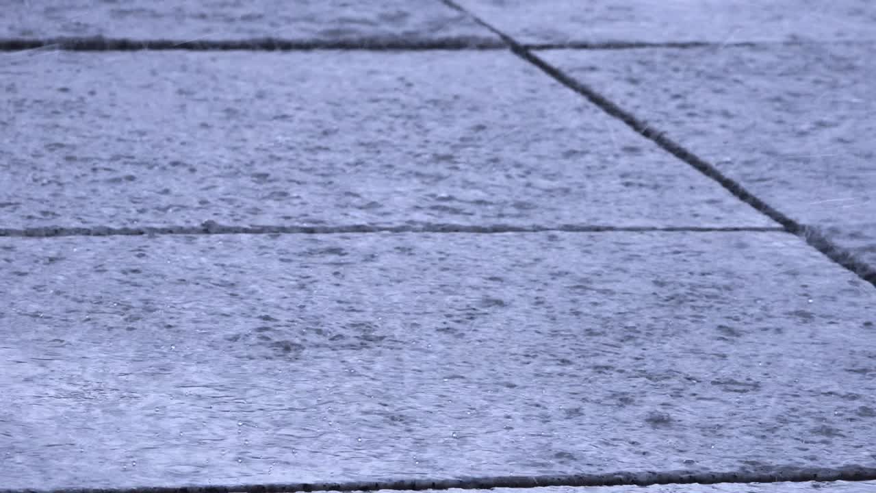 Rain splashes hit the asphalt, heavy rain, close-up