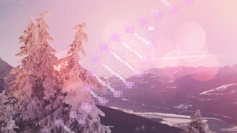 animation of dna strand rotating over falling snow and cold winter landscape