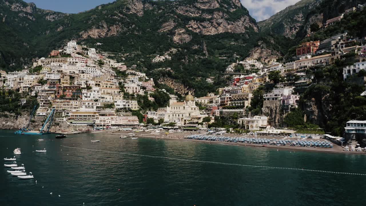 Drone shot of Positano's beautiful resorts in Italy