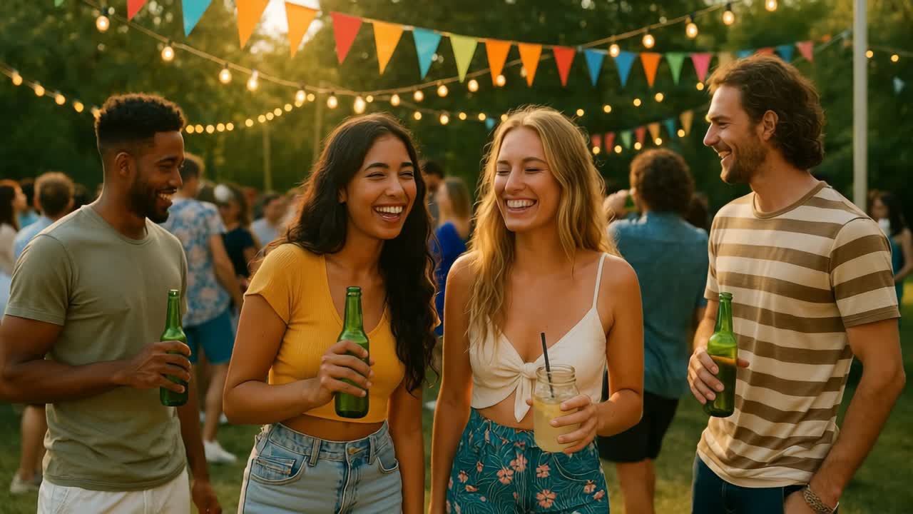 Scena di festa all'aperto vivace ripresa all'altezza degli occhi, con amici che ridono con bevande