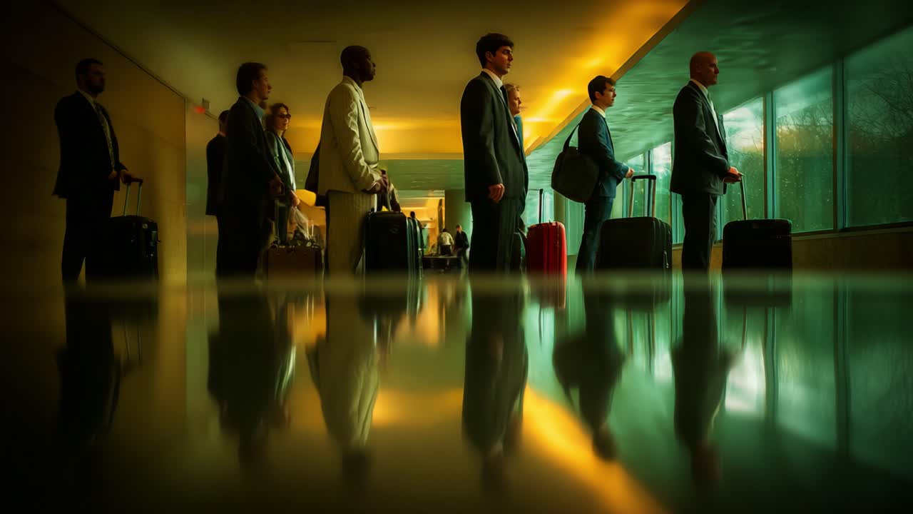A group of diverse business professionals stands in formation at an airport terminal, each holding luggage while awaiting their next flight, illuminated by soft, warm lighting reflecting off the glossy floor