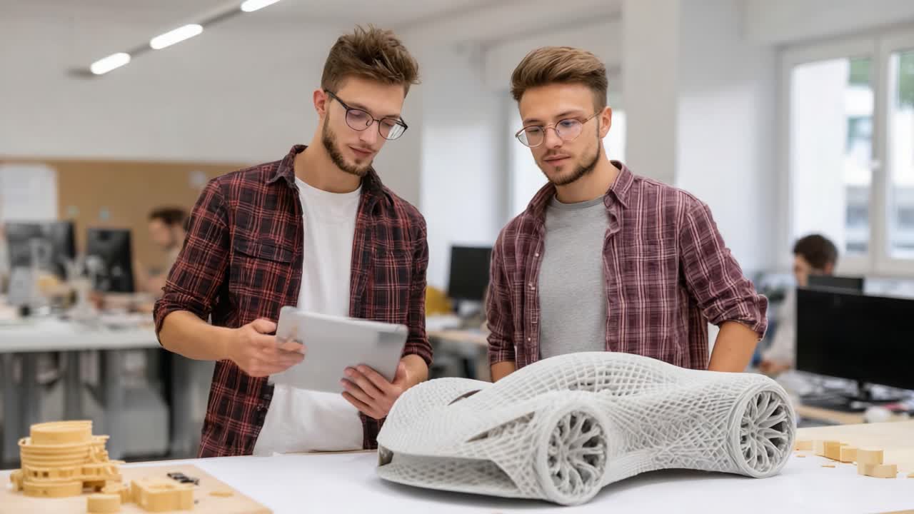 Two Engineers Collaborate on a Conceptual Car Design, Analyzing the 3D Model and Discussing Innovative Features in Their High-Tech Workspace