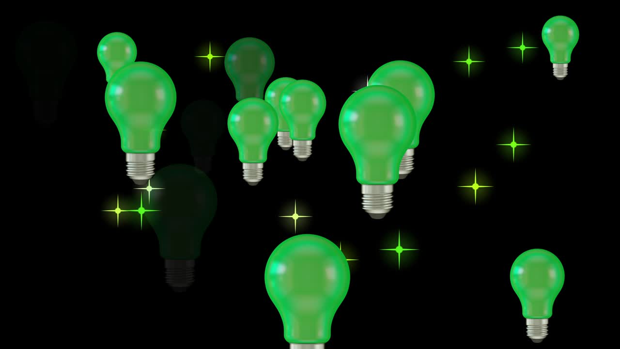 4k 추상 루프 가능한 전구 애니메이션, 검은색 배경, 녹색 에너지 개념