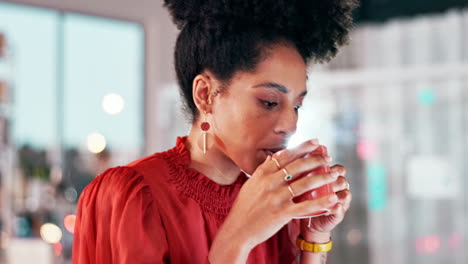 Black-woman-in-business,-happy-with-coffee