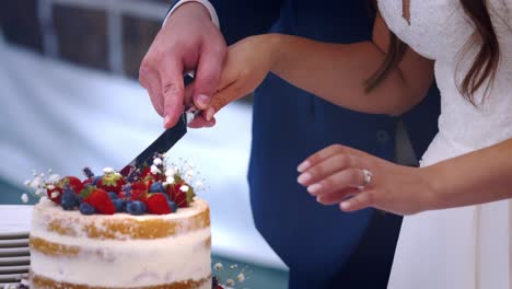 hands of newlywed couple cutting fruit wedding cake together, close up