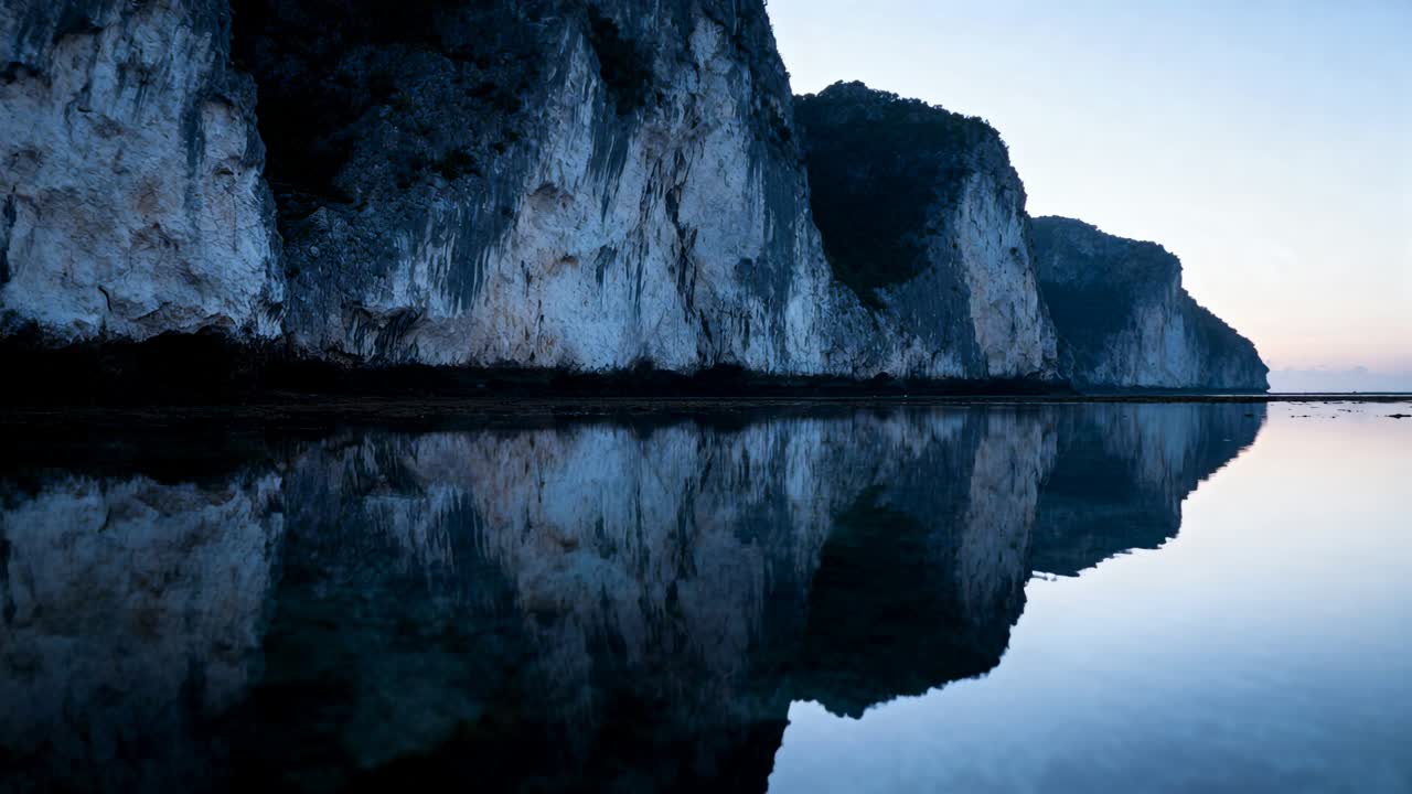 Shifting dawn light causing pale coastal cliff and mirrored reflection shifting color in tidal pool