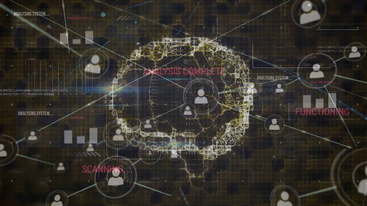 animación de la red de iconos de perfil sobre el cerebro humano contra la interfaz con el procesamiento de datos