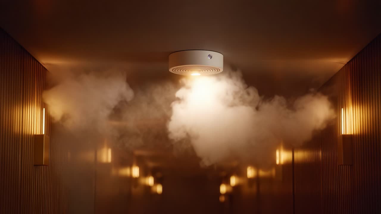 A Mysterious Atmosphere Unfolds as a Light Fixture Illuminates a Foggy Corridor with Soft Glows and Dynamic Light Effects, Creating an Enigmatic Visual Experience