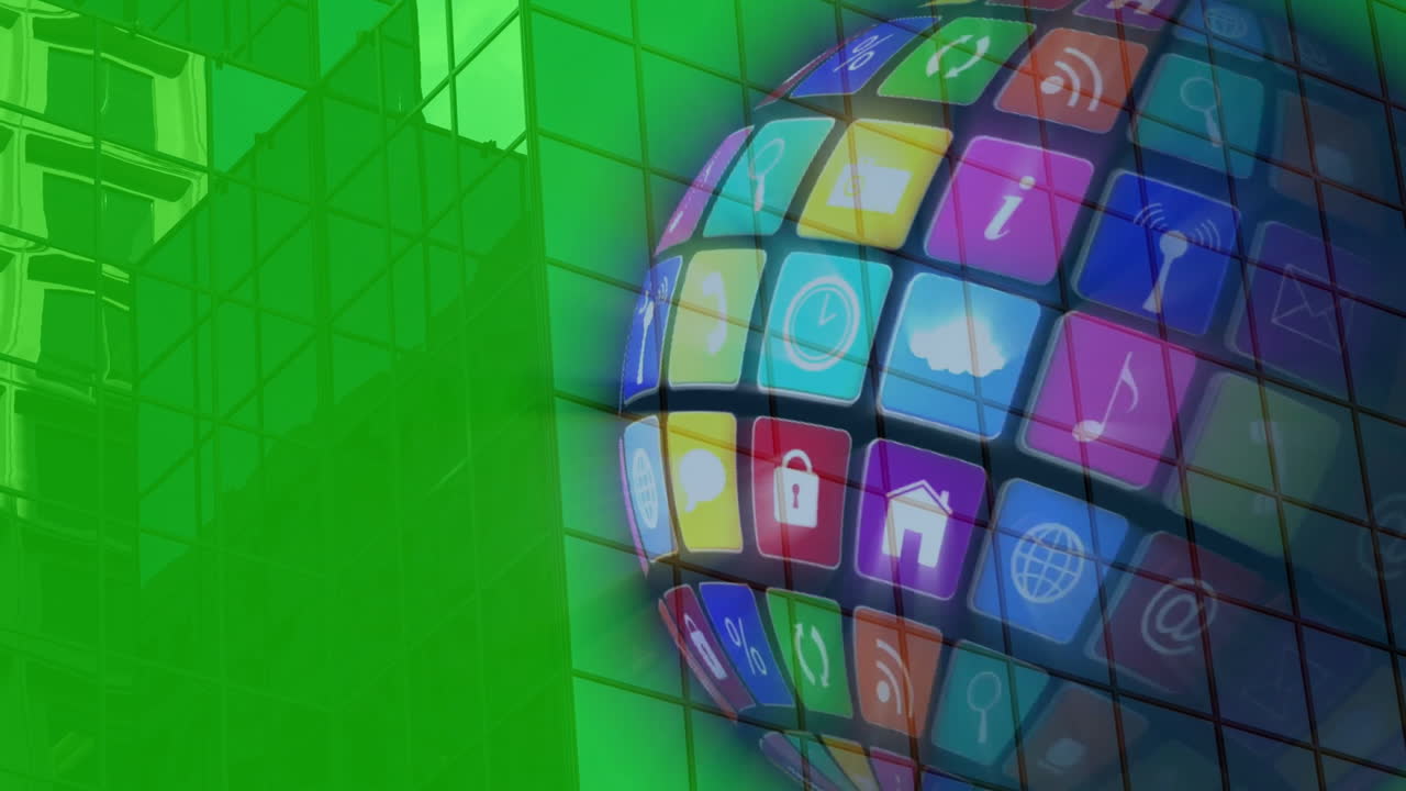 Animation of colorful app icons forming globe over green glass building