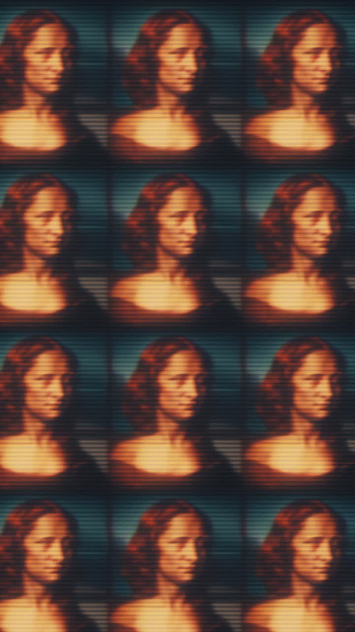 A retro video style grid featuring the Mona Lisa with a VHS effect