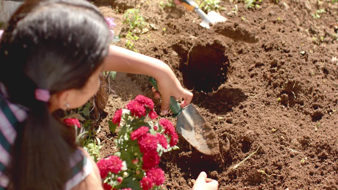 Verticale video: Gravende moeder en meisje verbreden een gat in de tuin met een troffel, kind houdt rode plant vast.