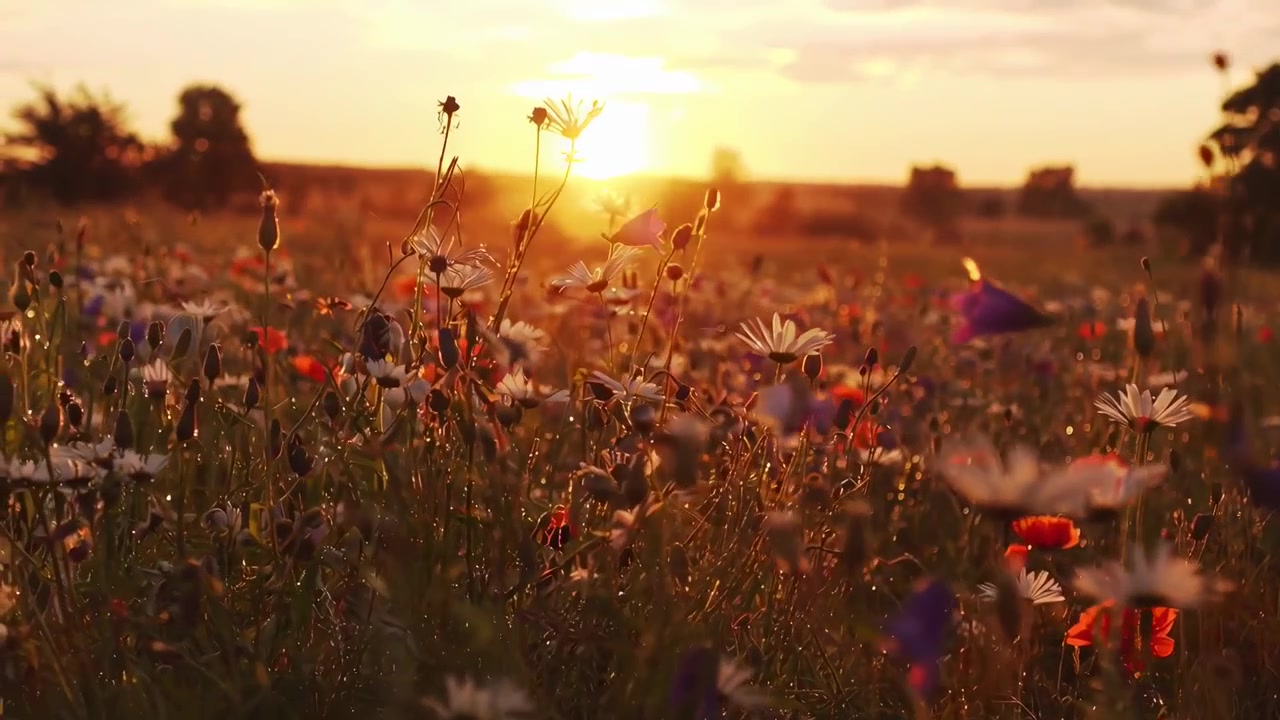 Wildflowers Blooming in a Meadow at Sunset