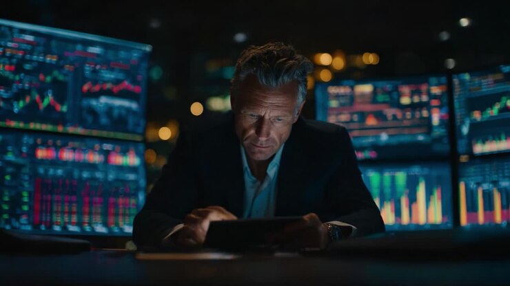 Esperto finanziario concentrato nell'analizzare i trend dei dati su un tablet in un ambiente di trading high-tech di notte, circondato da grafici e tabelle dinamiche