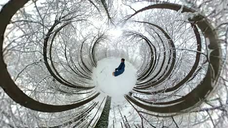 man walking through beautiful winter forest, vr360, 360vr, 360 video, 360 degree, vr, little planet effect