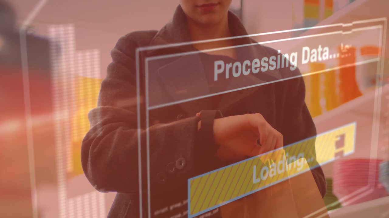 Animation of data processing on screen over woman using smartwatch