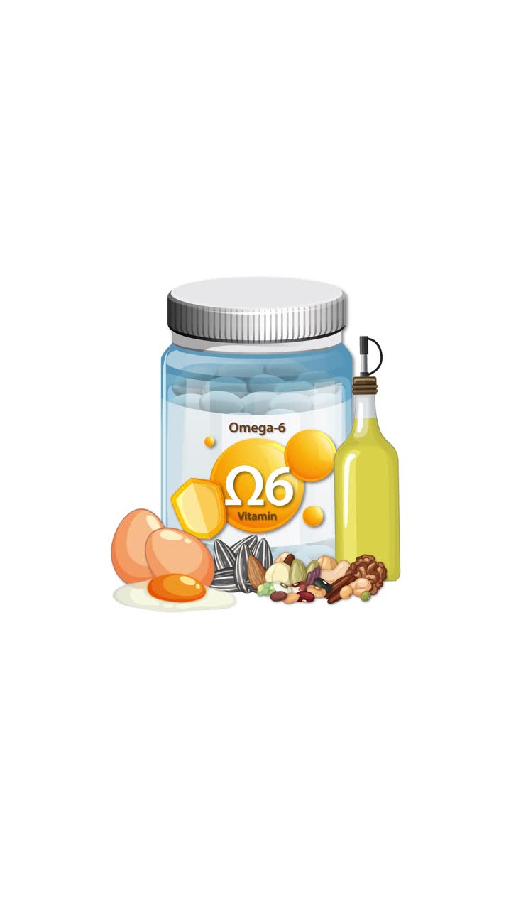 Flacone di vitamine Omega-6 con uova, noci, semi e olio in evidenza, su uno sfondo bianco pulito.