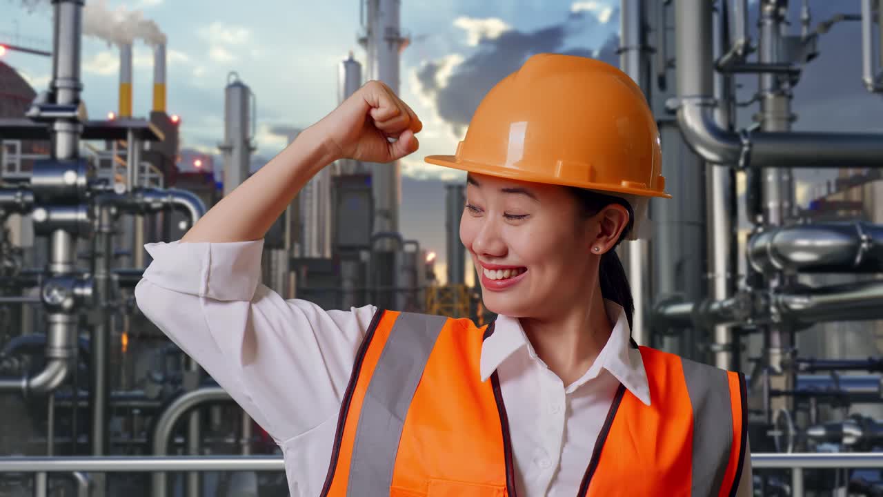 Woman Engineer Celebrating Success at Industrial Facility