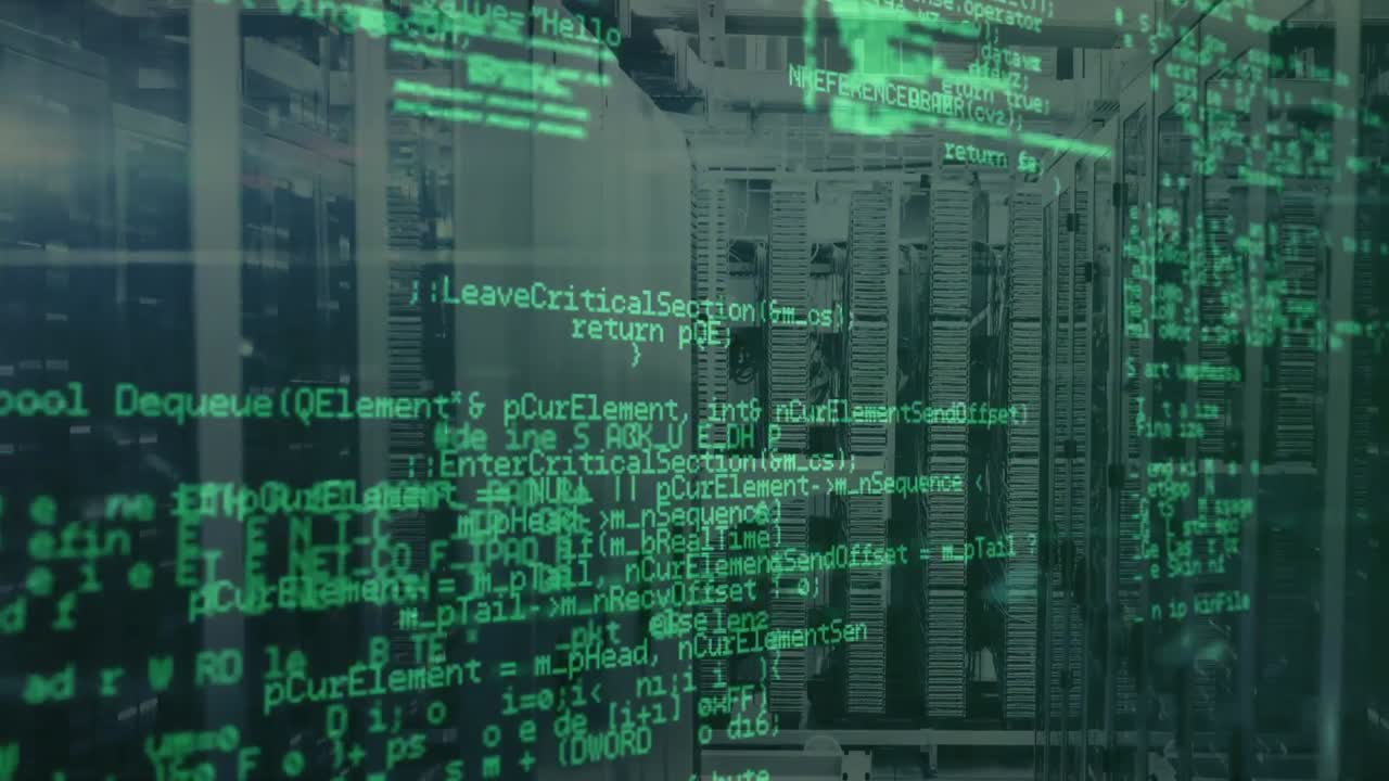 animação do processamento de dados e luzes sobre servidores