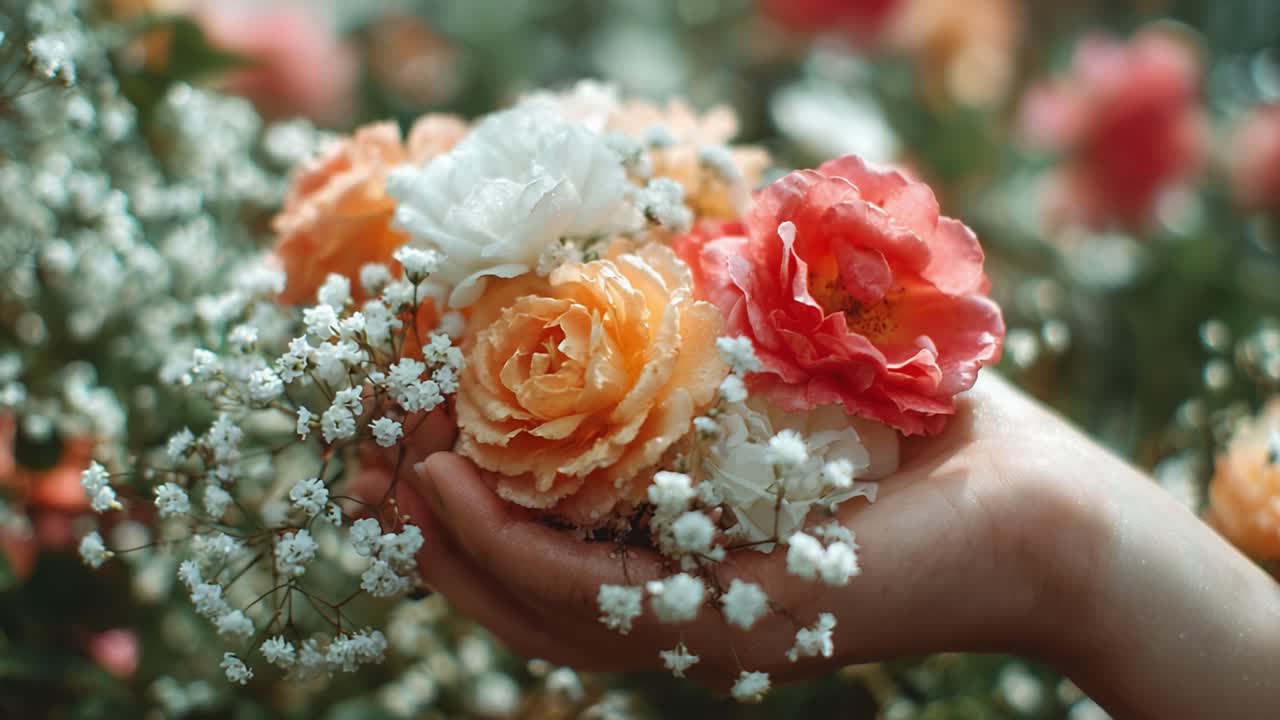 Vibrant Floral Arrangement: A Hand Holding a Beautiful Collection of Colorful Roses and Delicate Baby's Breath Blossoms, Symbolizing Nature's Beauty in a Garden Setting