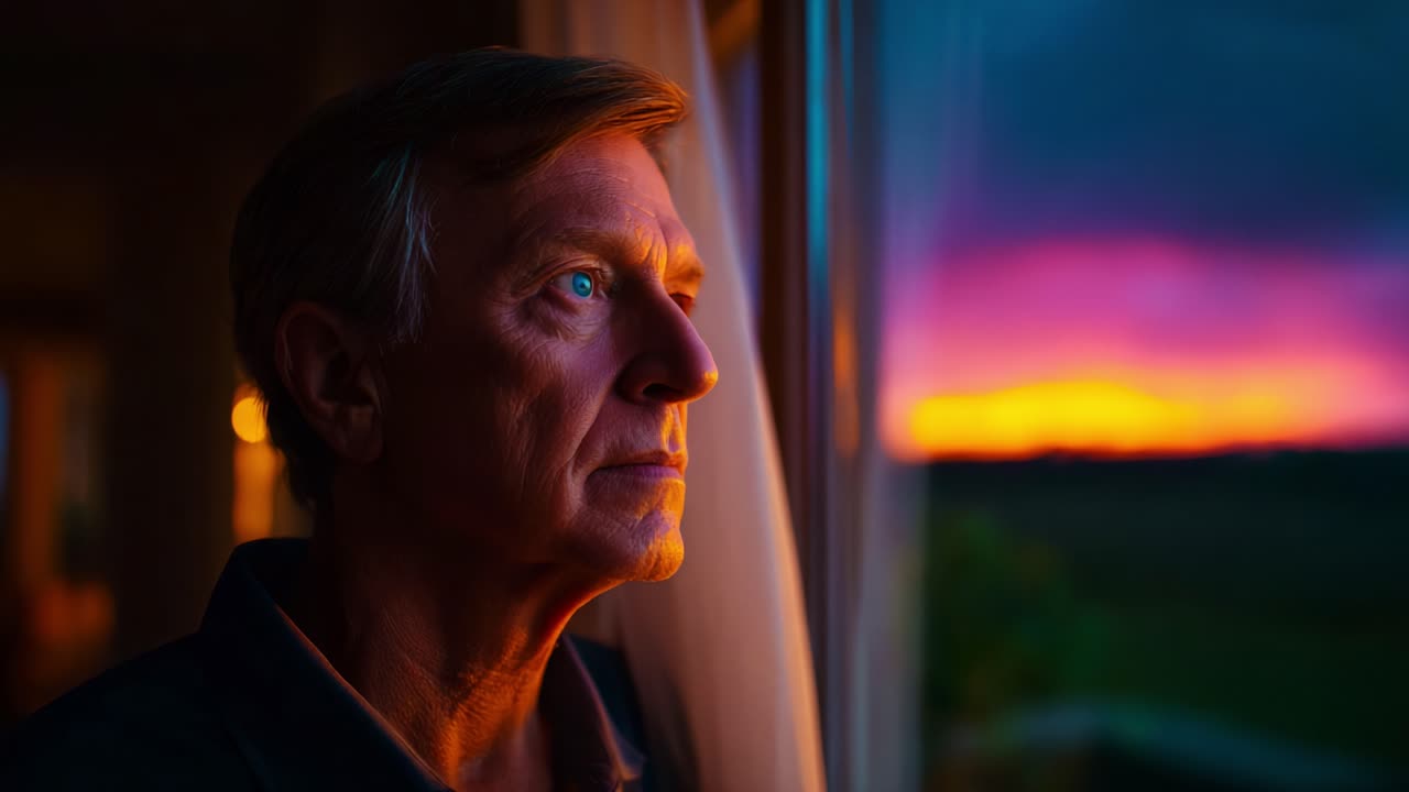 A contemplative man gazing out of a window during sunset, reflecting on life as vibrant colors illuminate the sky, capturing a moment of introspection amidst a serene atmosphere