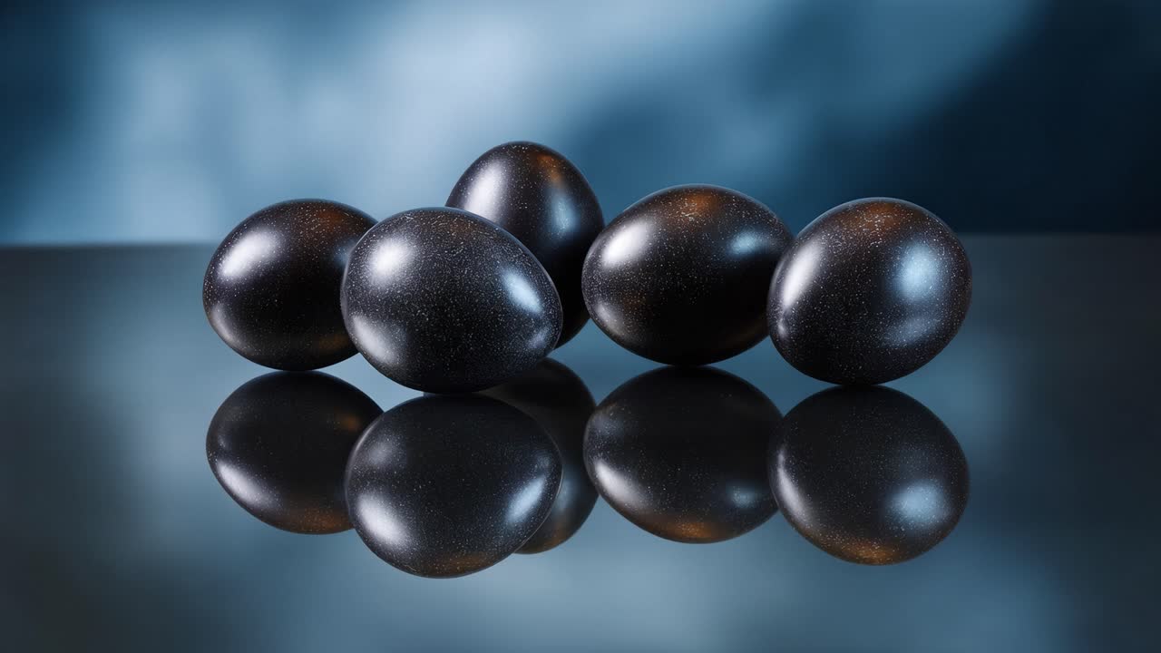 A Stunning Visual Journey of Black Eggs Showcasing Their Reflection and Transformation from Whole to Cracked, Capturing Nature's Mystery and Beauty