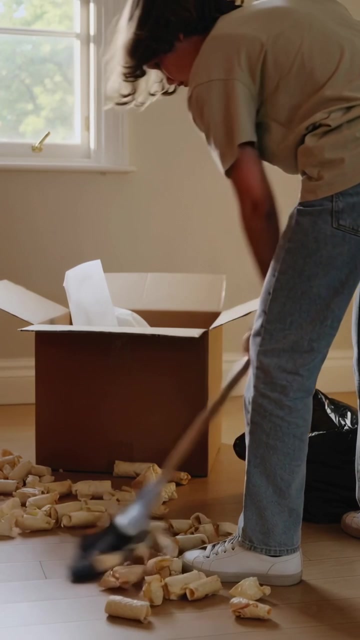 Vertical video: Noticing packing, man age 20s sweeping with broom at home, tidying into open box