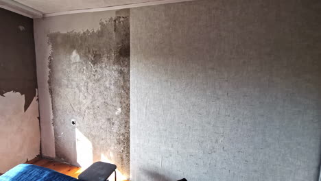 wall being covered with new grey wallpaper in interior remodel