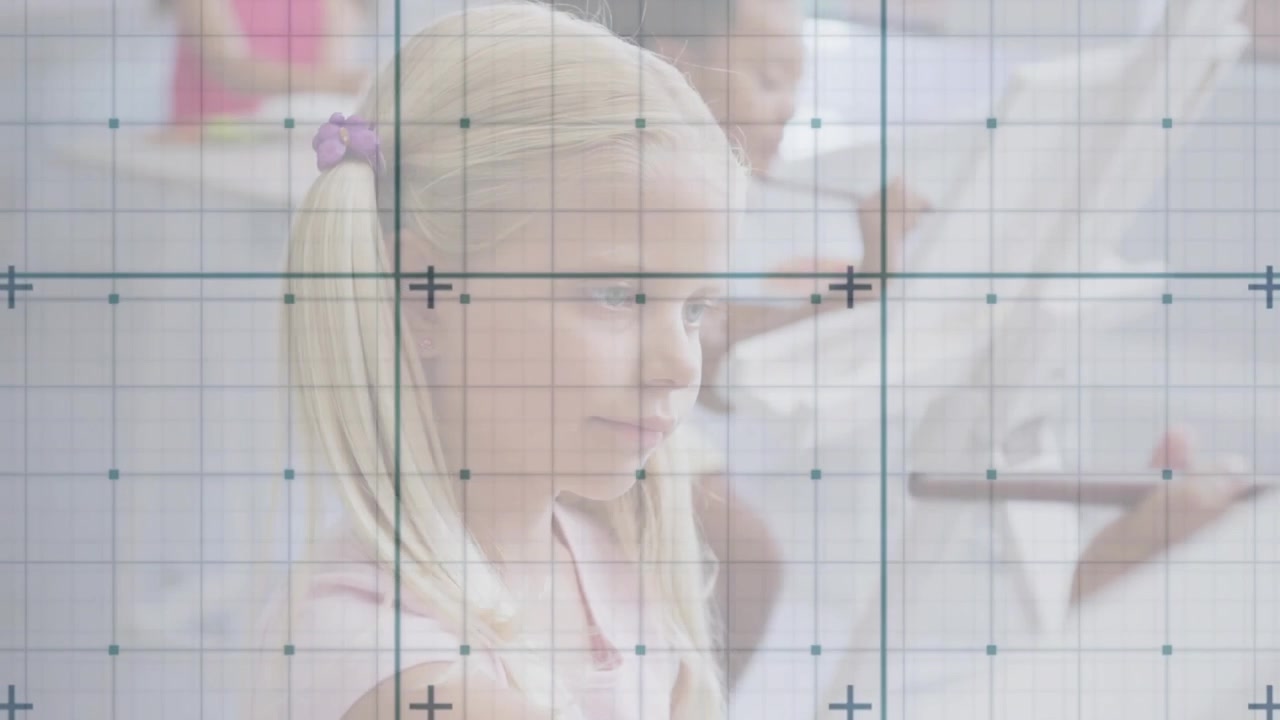 Animation of digital screen over caucasian girl in school