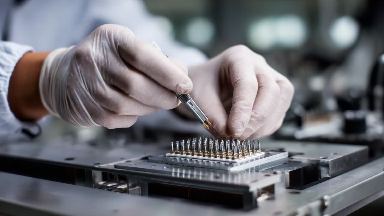 Precision Electronics Assembly: A Skilled Technician Carefully Aligning and Installing Components on a Circuit Board with Professional Tools in a Cleanroom Environment During Manufacturing Operations