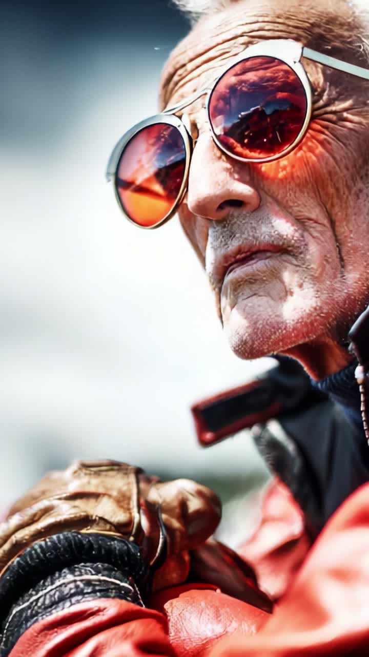 A striking portrait of an elderly man with a wise gaze, wearing stylish, reflective sunglasses and a vibrant red jacket, exuding confidence and timeless elegance