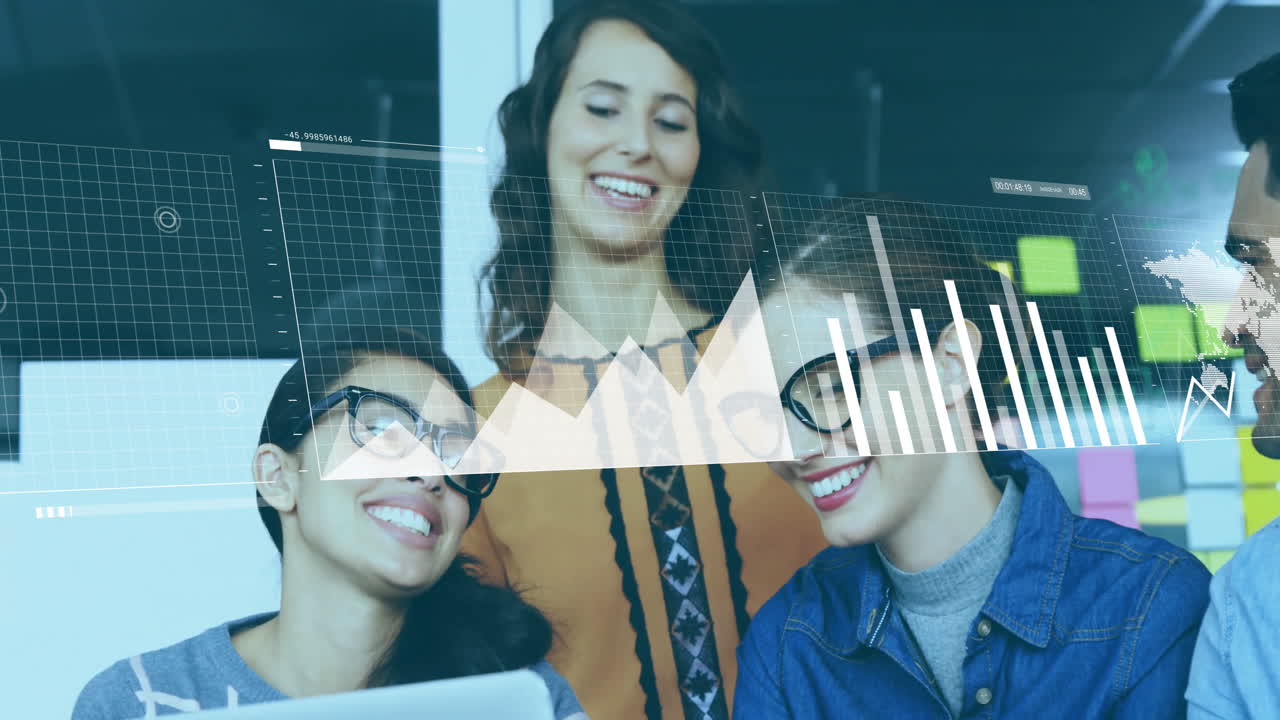 Smiling colleagues collaborating with data analytics animation overlay in office
