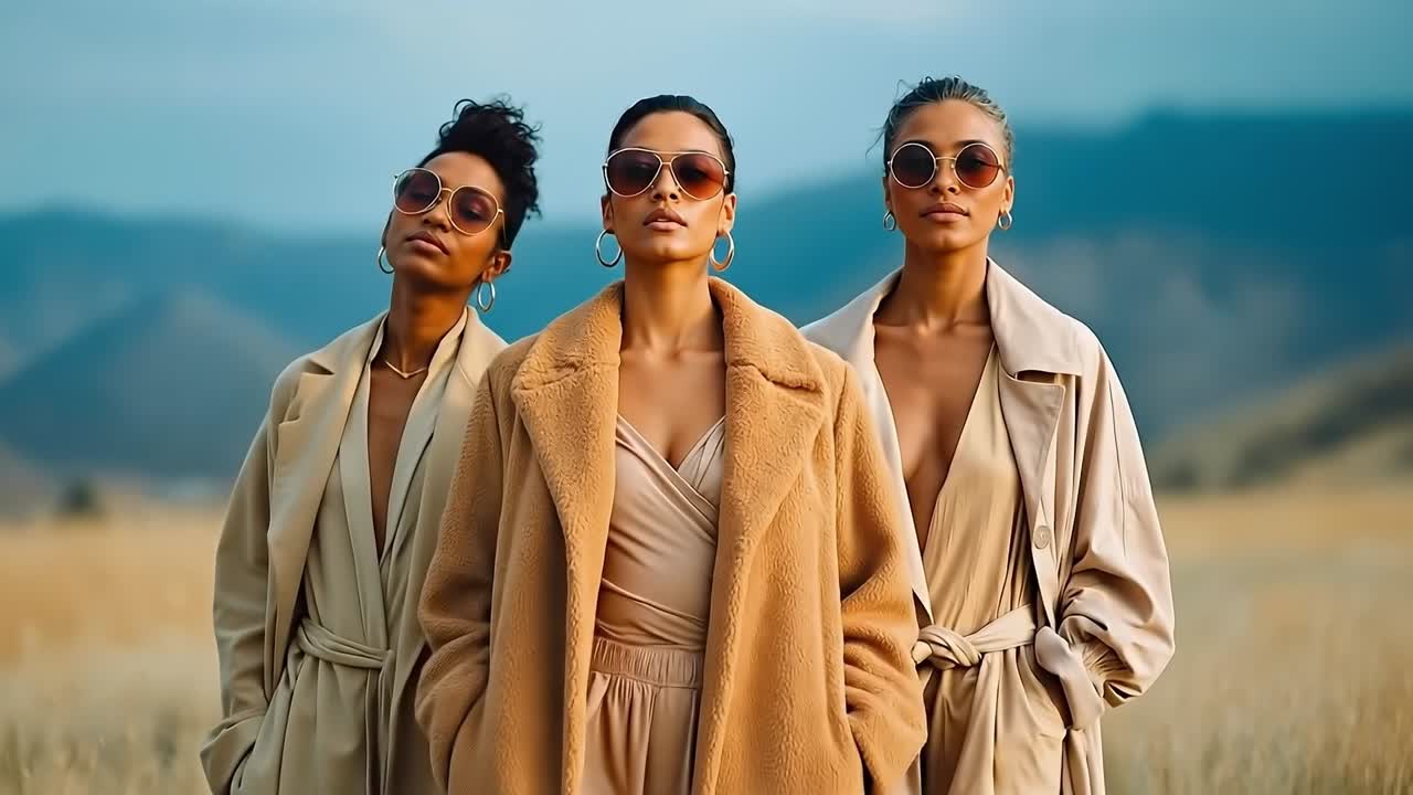 Three women in beige coats and sunglasses standing in a field