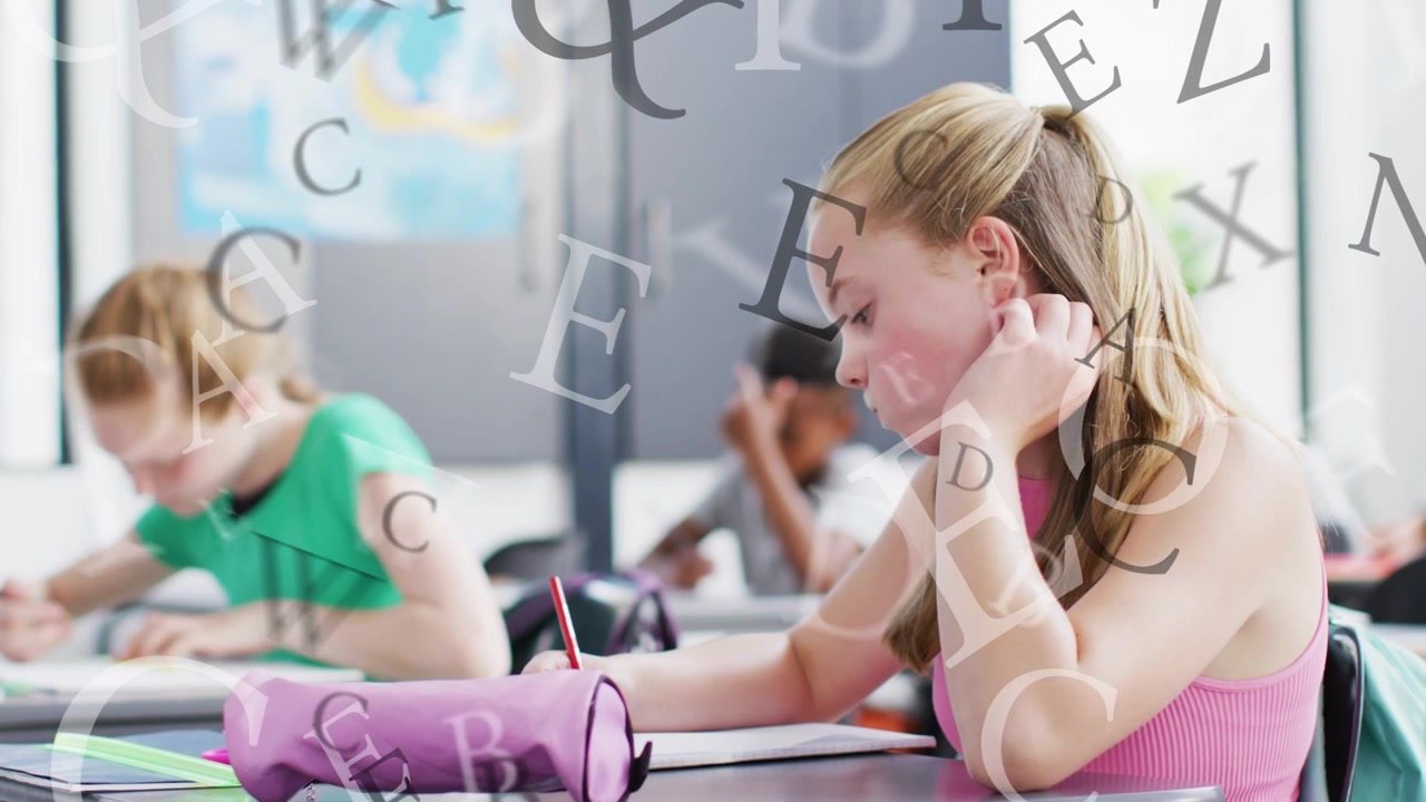 Girl in pink tank writing classroom work on teacher prompt while letters drifting across frame