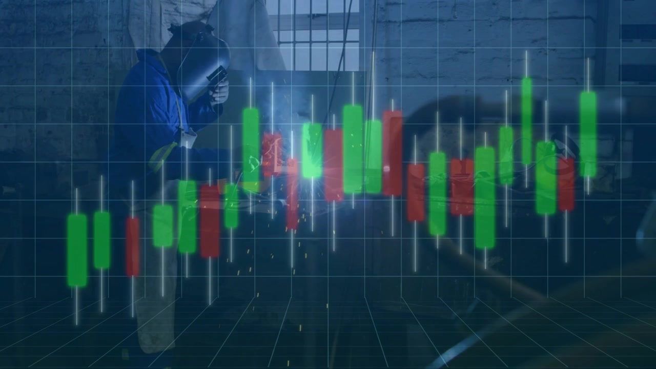 Sveiser tenner brenner på metalldel, lysestakediagramstenger pulserer og simulerer markedssvingninger.