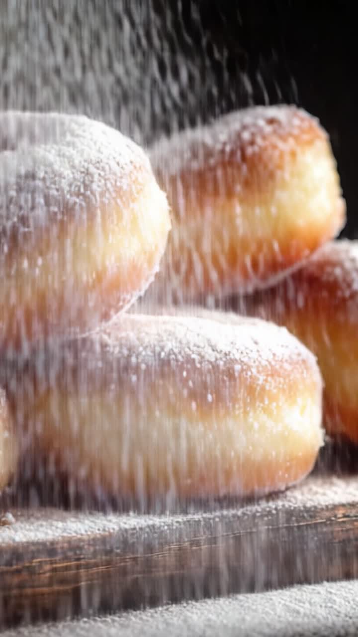 Piacere goloso: ciambelle appena fatte spolverate di zucchero a velo, che catturano l'irresistibile dolcezza e la consistenza dorata ad ogni morso.